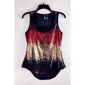 Sequined Shell Tank Top Black Gold Red by Bisou Bisou Glitter Formal Evening Wea